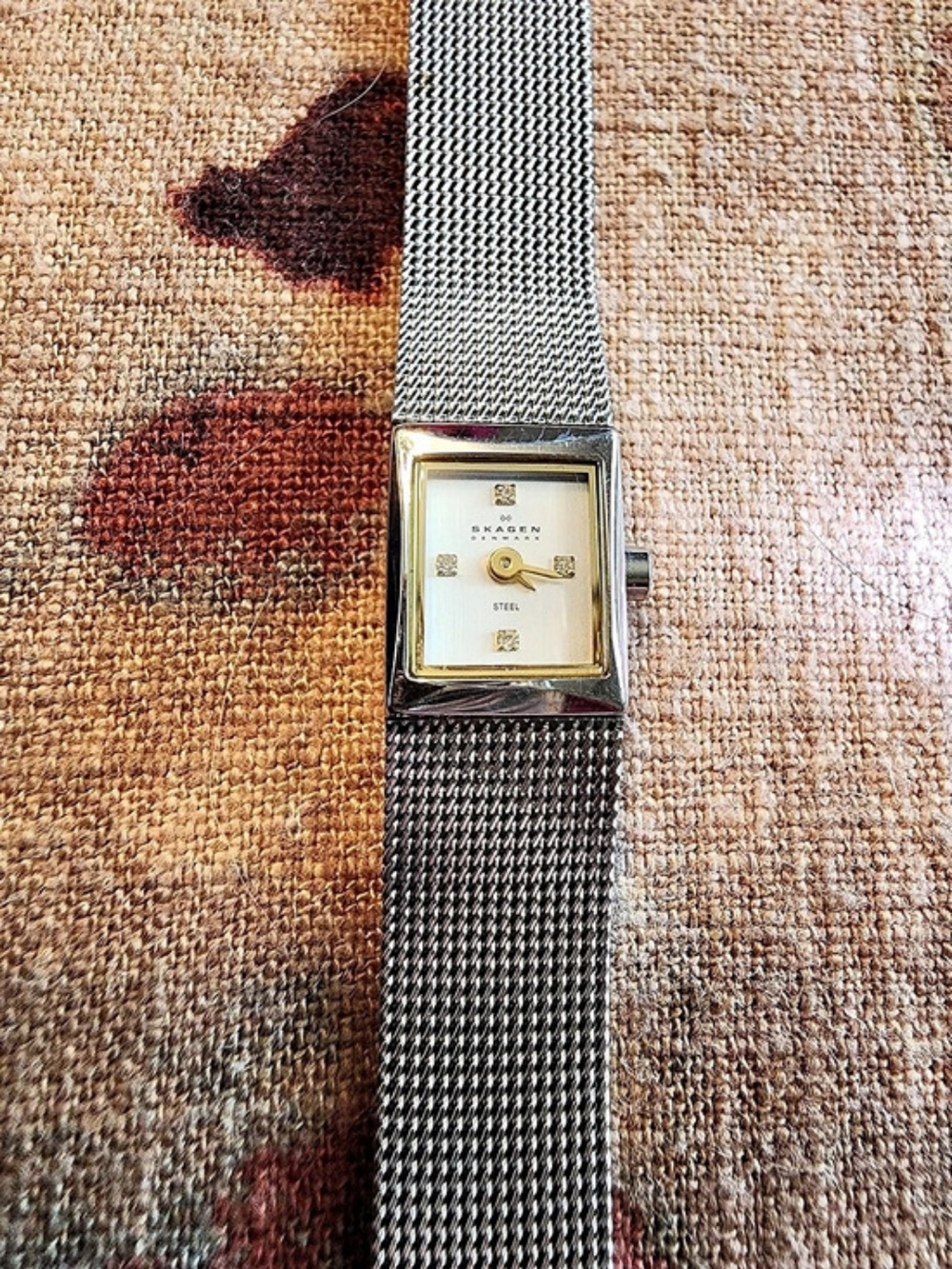Skagen Denmark Steel Mesh Watch Square Dial with Crystals Silver & Gold.